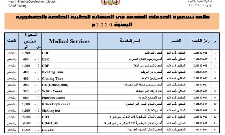 26سبتمبرنت ينشر قائمة اسعار الخدمات الطبية