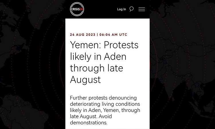 مؤسسة دولية تتوقع تفاقم الوضع وتصاعد وتيرة الاحتجاجات في عدن